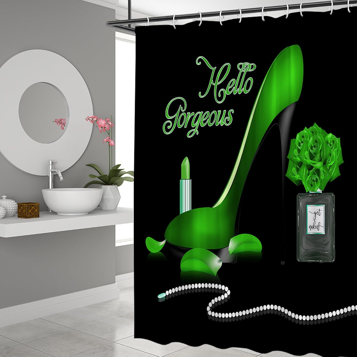 Fashion Girl Shower Curtain Hello Gorgeous Makeup Yellow High Heel Perfume Lipstick Romantic Love Modern Woman Fabric Bathroom Bathtub Accessories Set with Hooks 70Wx90H Inch
