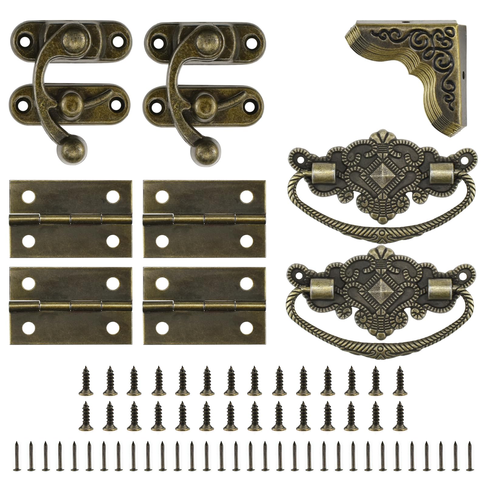 MARRTEUM 1 Set Jewelry Box Hinges Hasp Catch Corner Protector, Retro Engraved Decorative Hardware Kit with Screws for DIY Wooden Case Furniture Cabinet Suitcase Decoration Repairs (Antique Bronze)
