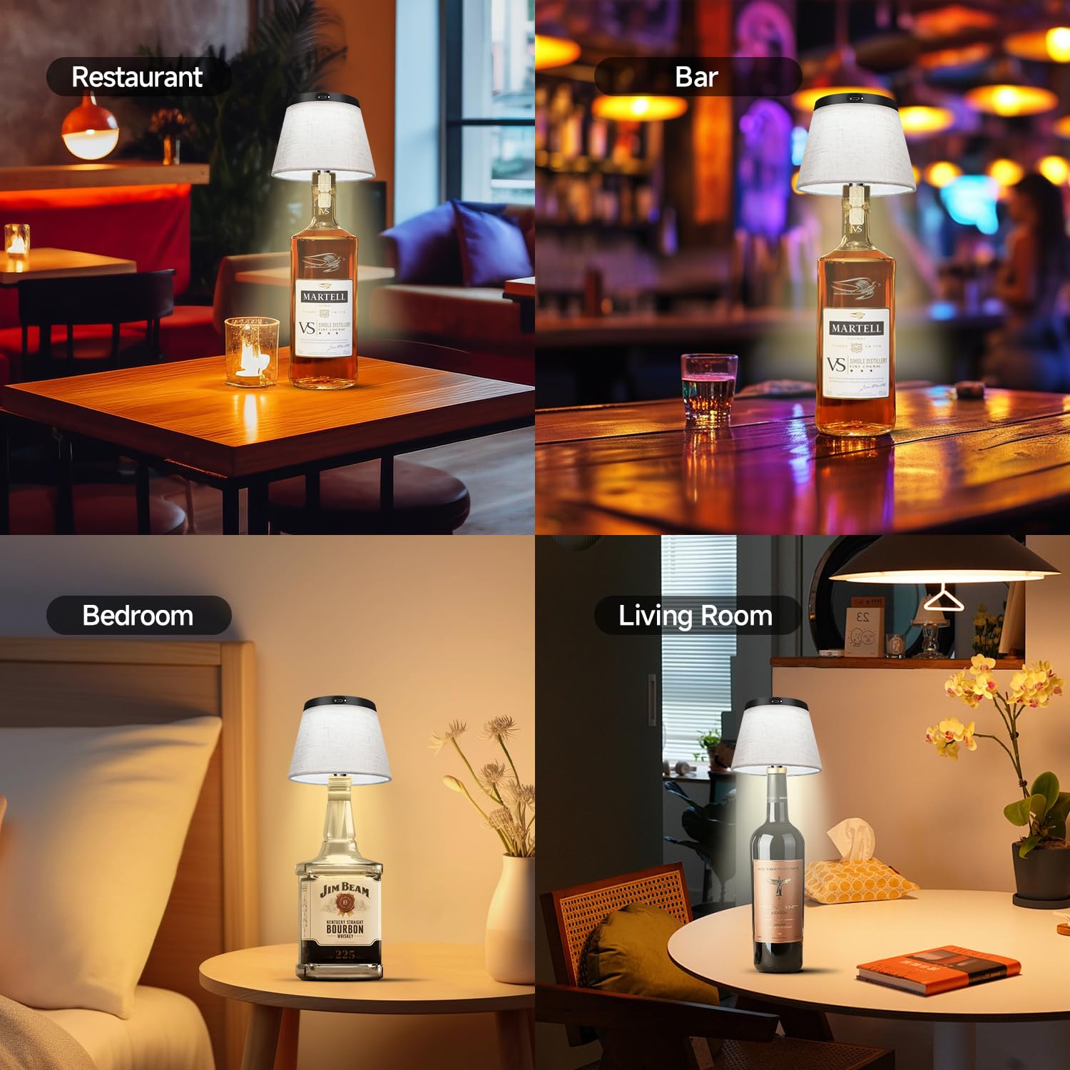 2025 Nuova lampada per bottiglie - Luci LED per bottiglie di liquore e vino, paralume senza fili, luce superiore per bottiglia di whisky, kit luce notturna con tappo per bottiglia, tessuto beige