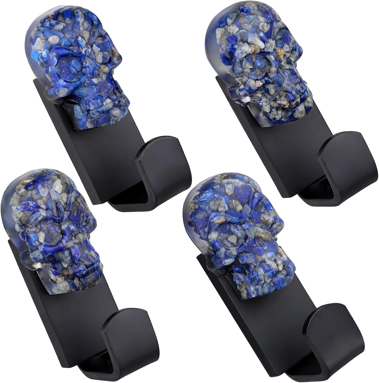 Rockcloud Pack of 2 Crystal Skull Reiki Healing Stone Statue Decorative Wall Mounted Hook for Coat Hat Hanging Home Office Decor, Lapis Lazuli