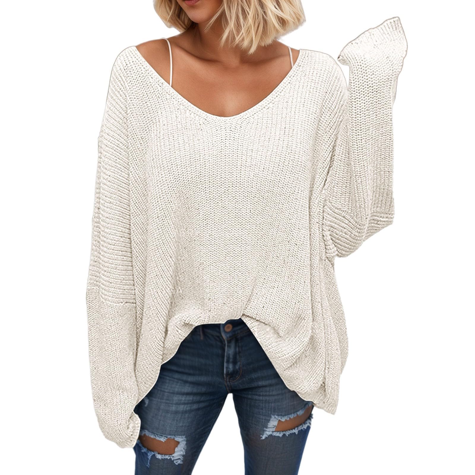 Womens V Neck Oversized Sweaters Casual Lightweight Knit Loose Fit Pullover Lantern Sleeve 2025 Trendy Fall Sweater