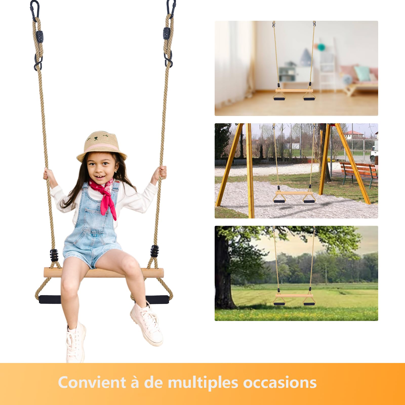 Trapèze Balançoire,Enfants Balançoire Extérieure en Bois,Trapèze Multifonction en Bois pour Intérieur& Extérieur （Noir）