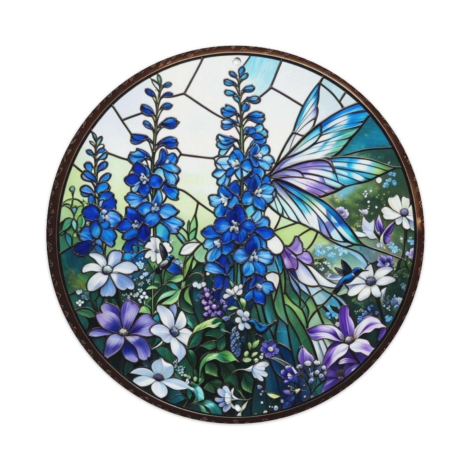 Blue Delphinium Cottage Garden Stained Glass Metal Tin Sign Plaque