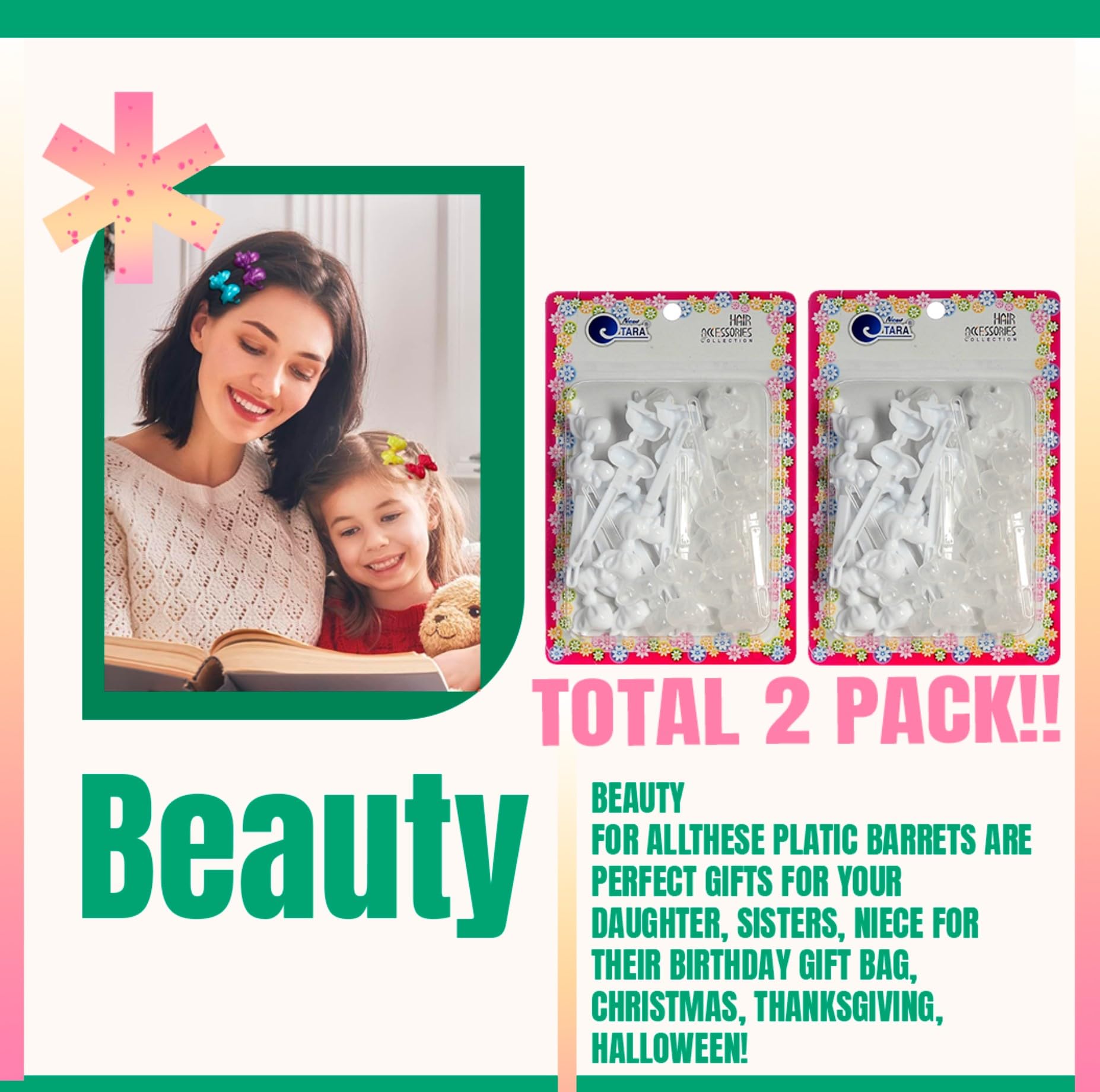 New Tara Self Hinge Hair Barrettes for Girls, 40pc Count (WHITE AND CLEAR)