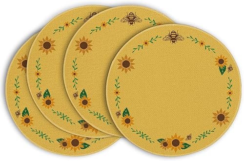 Artoid Mode Juego de 4 manteles individuales redondos de Acción de Gracias con girasoles amarillos de 14 pulgadas para decoración de comedor