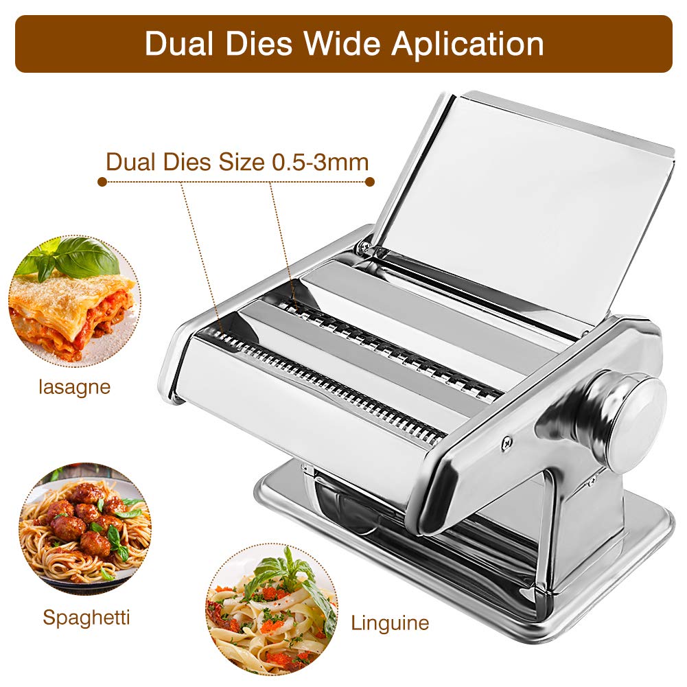 Máquina para Pasta Manual Ejoyous, Acero Inoxidable, 3 en 1, para Espaguetis, Tagliatelle, Fettuccine y Lasaña