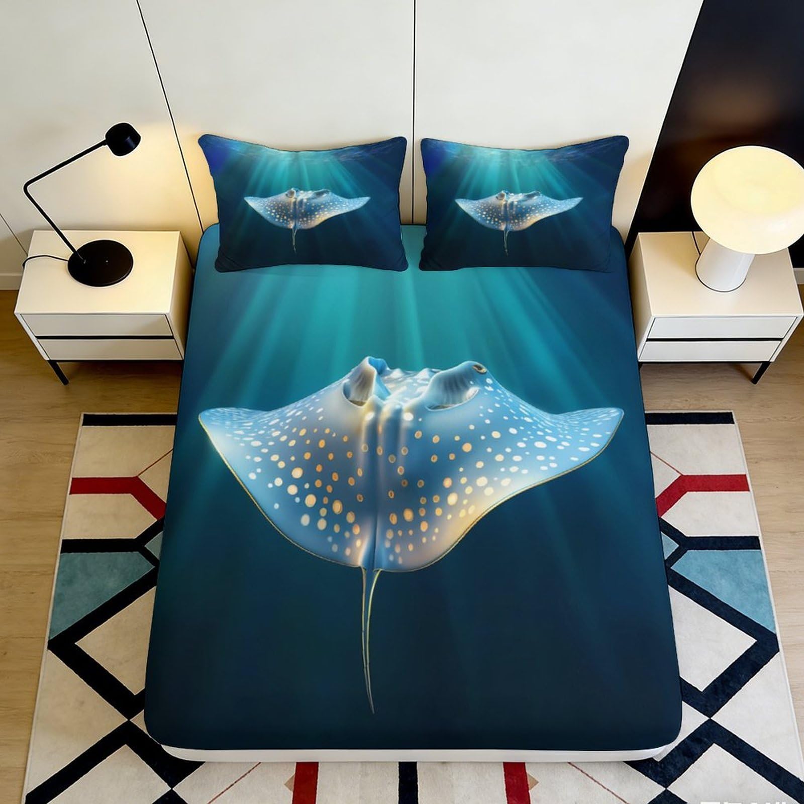 3D Printed Ocean Theme Fitted Sheet Microfiber Deep Pocket Non-Slip Bedroom Bedding Sea Mattress Fitted Cover Washable 200x200x25cm