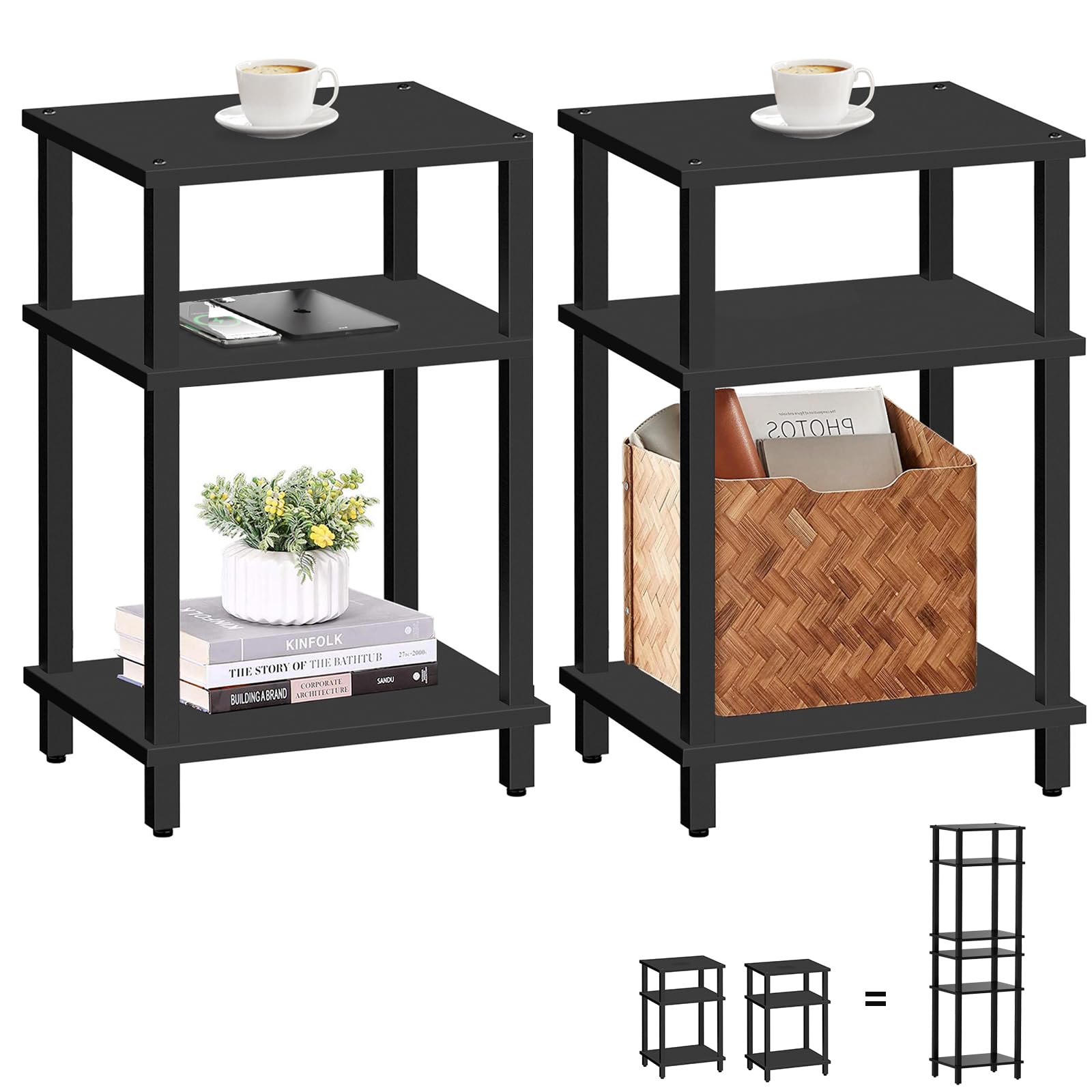 TUTOTAK Set of 2 End Table, Side Table, Nightstand, 3-Tier Storage Shelf, Couch Table for Small Space TB01BK0492EU