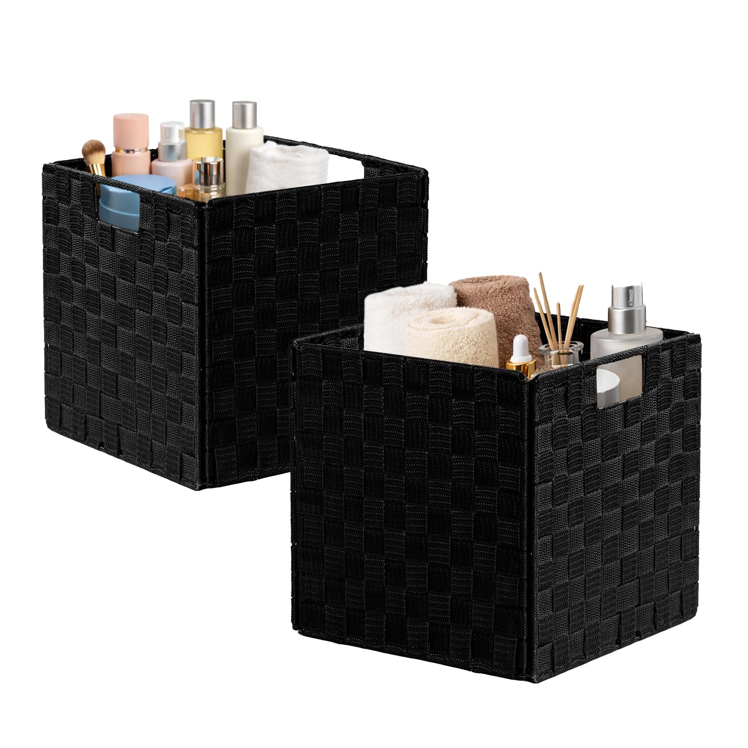 Faltbare, gewebte Aufbewahrungskörbe mit Metallstruktur, Regalkorb, Speisekammer-Organizer, dekorative Mehrzweckwürfel (27,9 x 27,9 x 27,9 cm, schwarz), 2 Stück