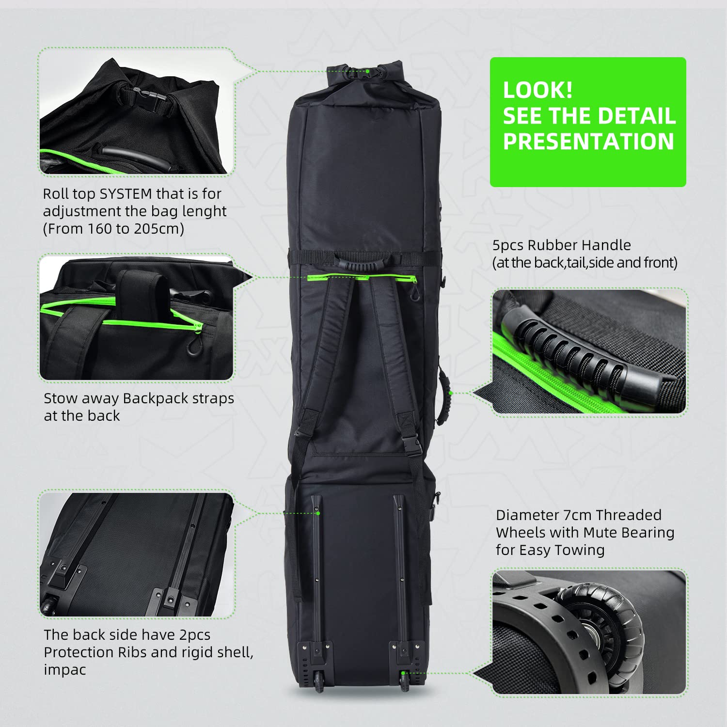 XCMAN - Borsa da Snowboard con Ruote, Lunghezza Regolabile per Viaggi in Aereo, Extra Lunga, Larga, Profonda, Impermeabile, con Stecche di Protezione in ABS e Dorso in Polipropilene, Versione 2020