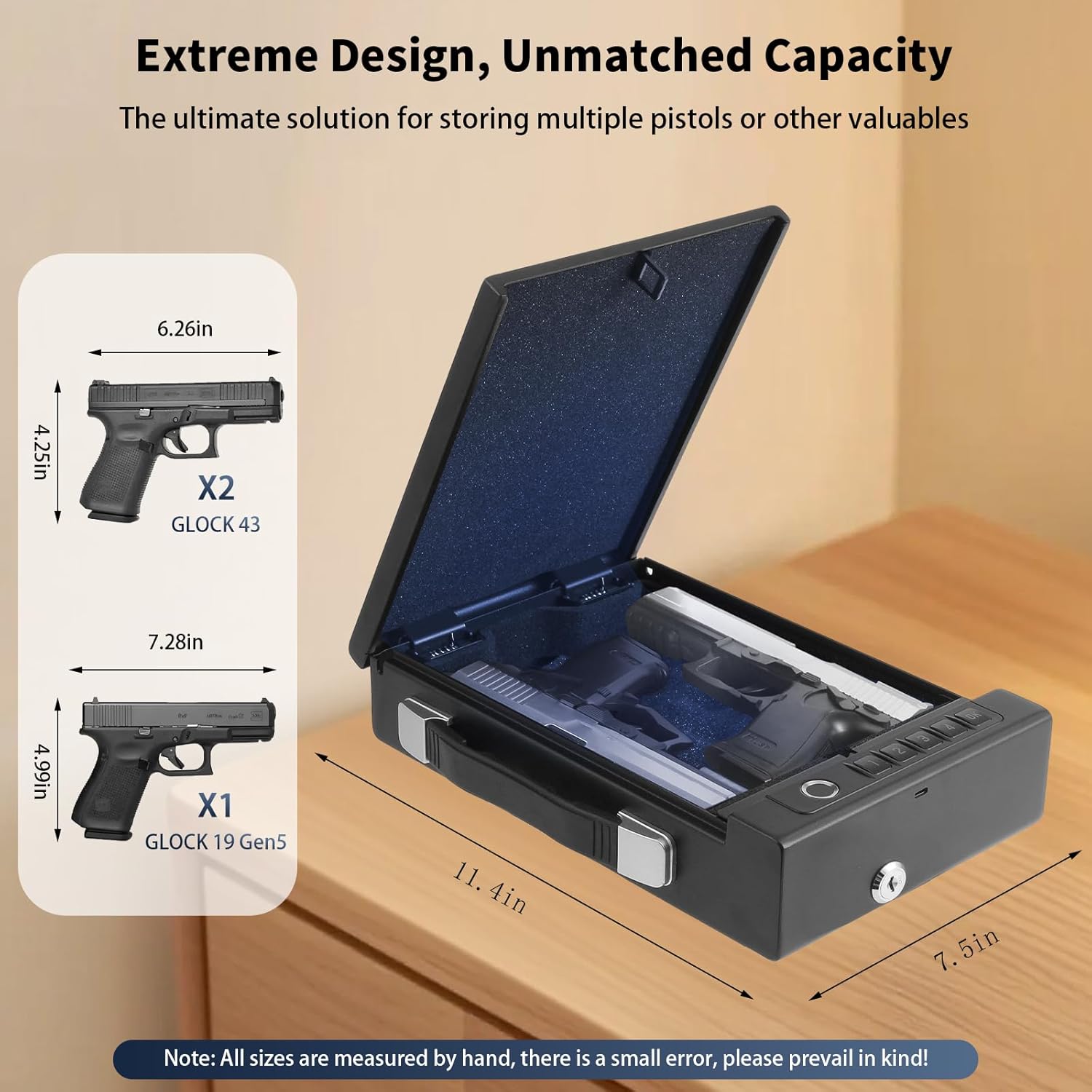 Portable Biometric Gun Safe for Handgun - Gun Safe for Car, Pistol Safe with 4 Ways: Fingerprint, Digital PIN, Key and APP Lock, Gun Lock Box with Sound for Nightstand, Cloakroom (Battery)