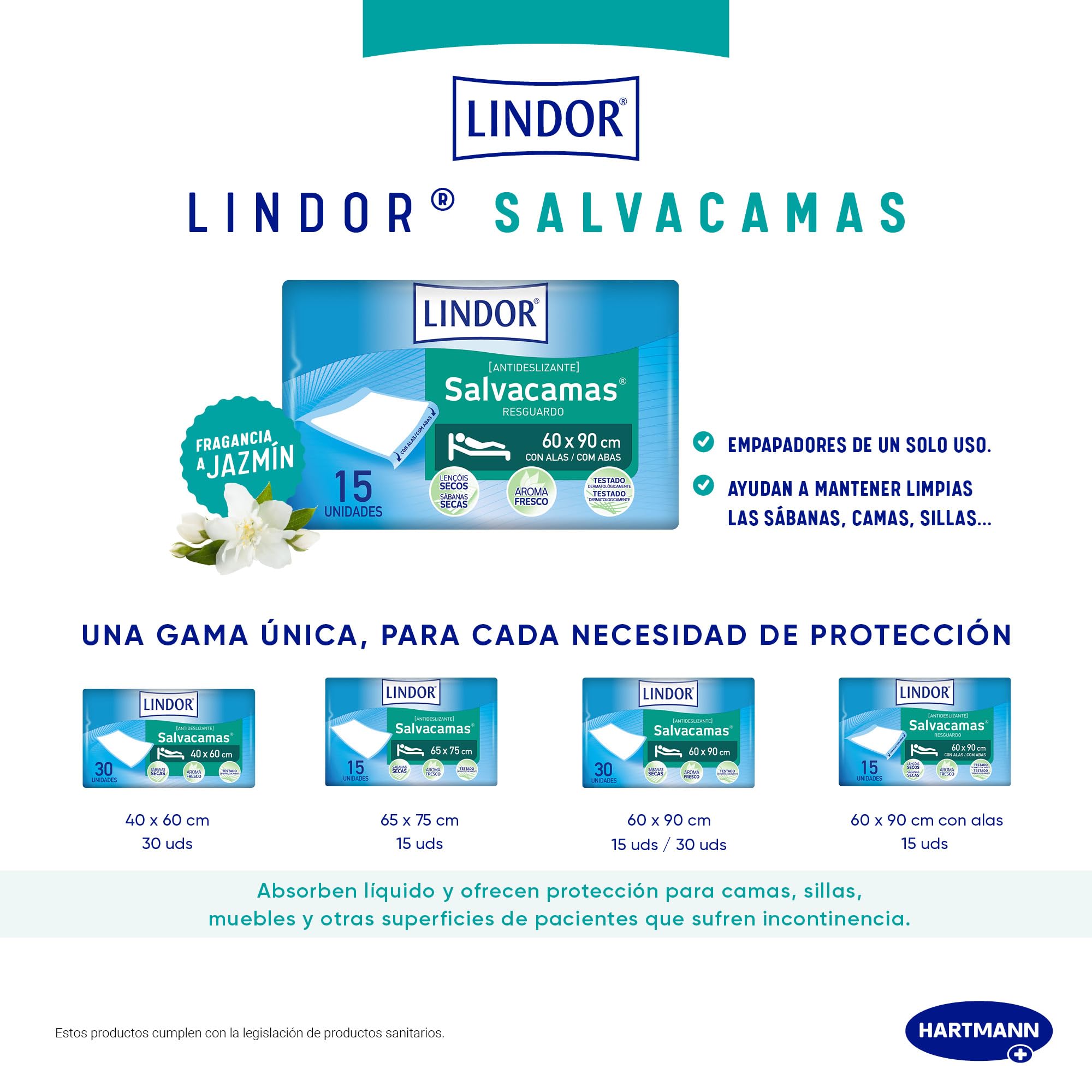 LINDOR, Empapadores de Cama 60x90, Salvacamas para Adultos, Protector de Camas, Sillas y Sillones, Desechables, Alta Absorción y Fragancia a Jazmín, 30 Unidades