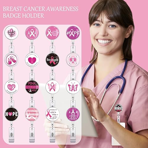 Miniatura 4 de 18 piezas de cinta rosa retráctil con clip para concientización sobre el cáncer de mama, soporte para tarjetas de identificación de enfermera, lindo