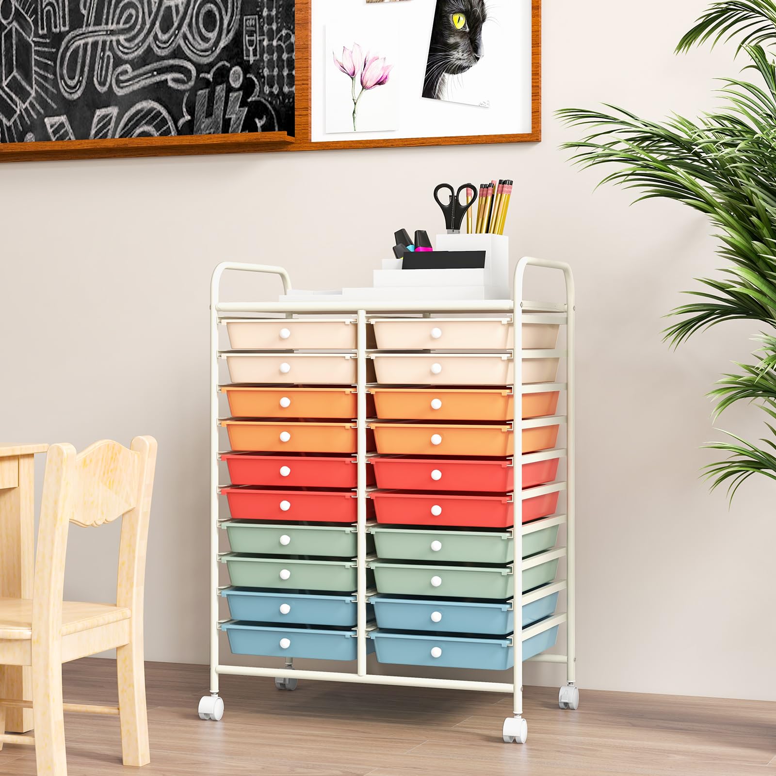 COSTWAY Chariot de Rangement à Roulette 20 Tiroirs en PP, Tour de Rangement avec Tablette, Cadre en Métal, Desserte Meuble Tiroir pour Cuisine Salle de Bain École (XL | 20 tiroirs,Multicolore)