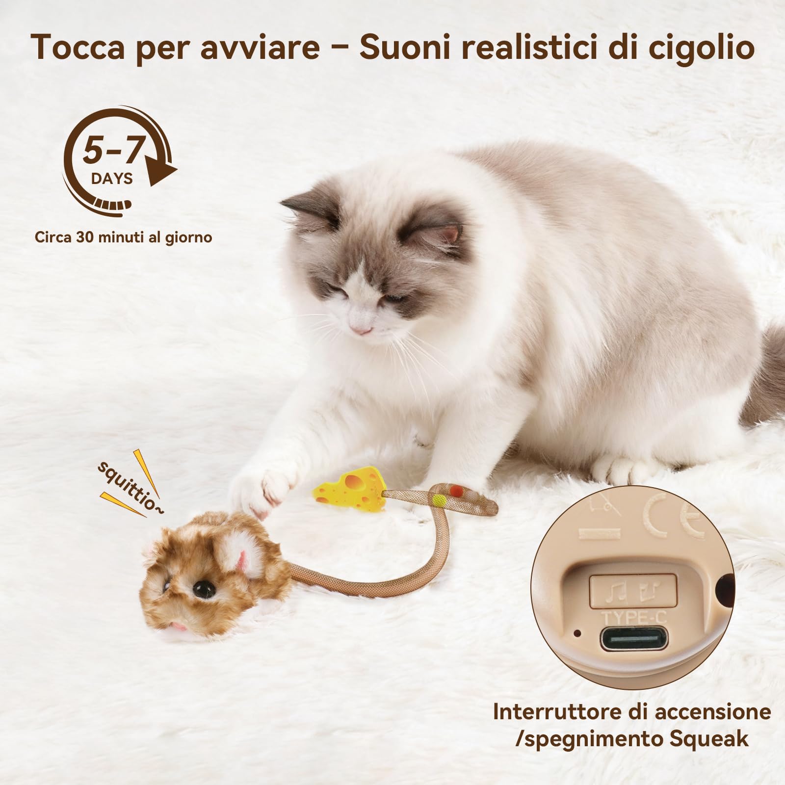 Migipaws Giocattolo interattivo per gatti, topolino elettrico con coda che si muove, sensore intelligente, squittio, giocattolo per gatti con erba gatta, ricaricabile