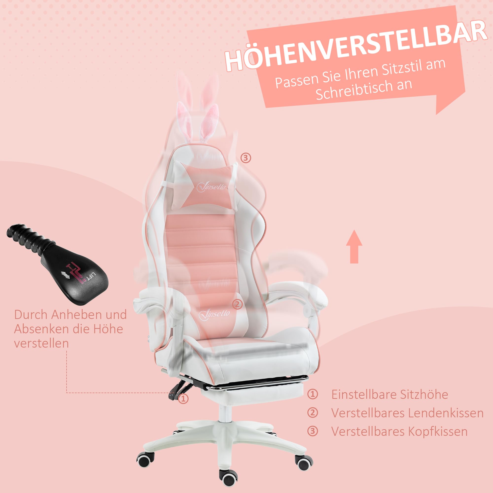 Vinsetto Gaming Stuhl mit Lendenwirbelstütze Fußstütze Kopfkissen Rosa | Ergonomischer Gamer Stuhl, Gaming Sessel mit Hasenohren, Bürostuhl mit Verstellbare Rückenlehne Liegefunktion
