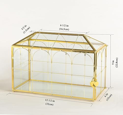Miniatura 6 de Glass Wedding Card Box with Slot, 12.5'' Large Clear Card Box Gold Brass Gift Card Storage Box with Lock Perfect for Wedding Receptions, Baby