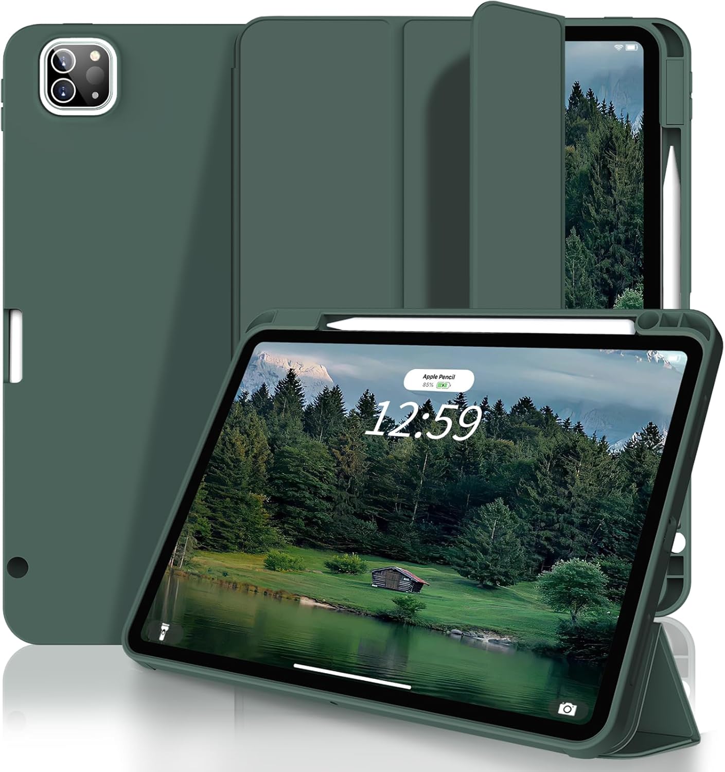New Case for iPad Pro 12.9 inch 6th/5th/4th Generation 2022/2021/2020 with Pencil Holder, Smart Stand Case with Soft TPU Back Cover for iPad Air 13 inch 2024, Auto Sleep/Wake, Dark Green