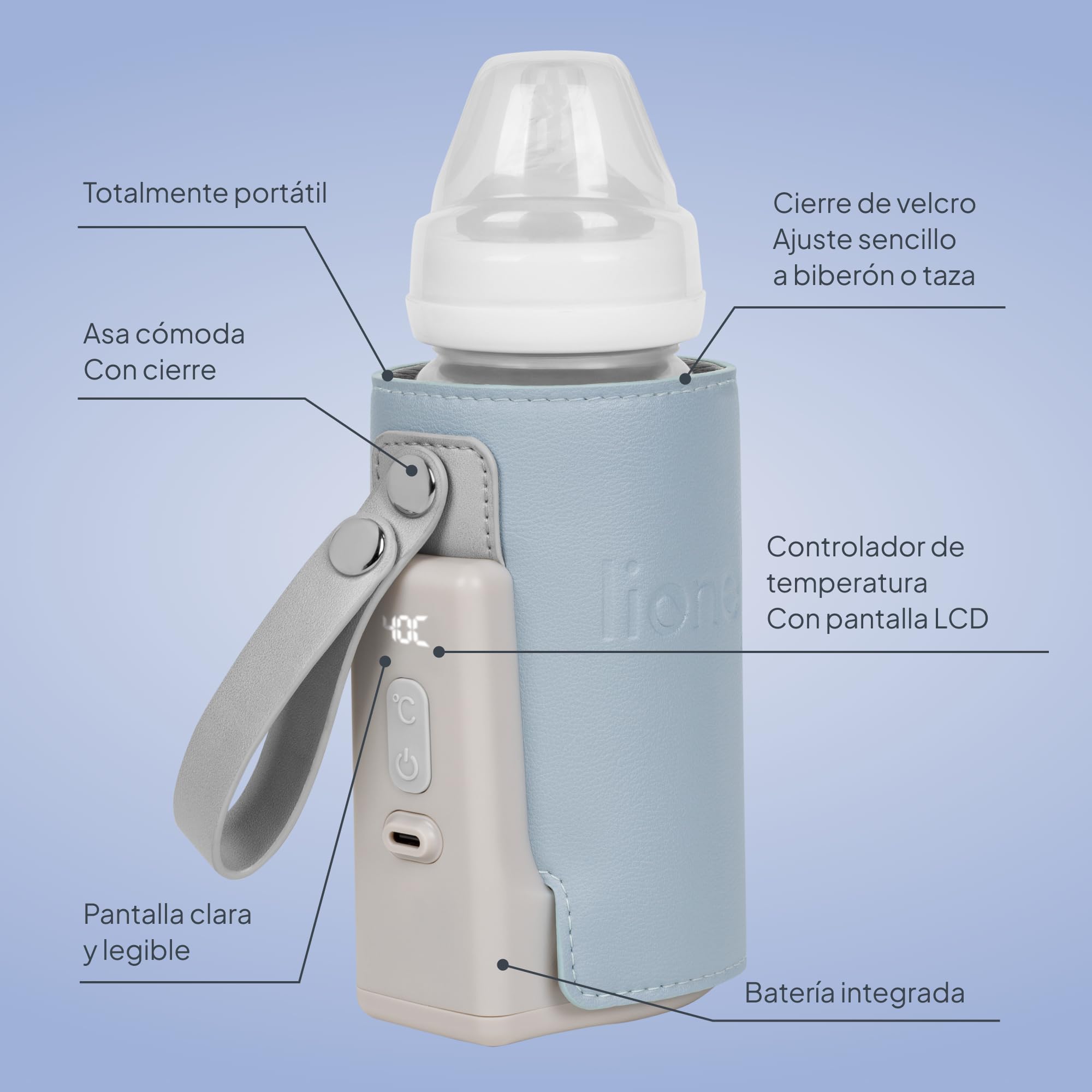 LIONELO Thermup Go Plus Calientabiberones Portátil, Mantiene los Líquidos Calientes, 5 Temperaturas de Funcionamiento de 38 a 50 C, Carga USB, 8h de Funcionamiento Pantalla LCD Silenciosa