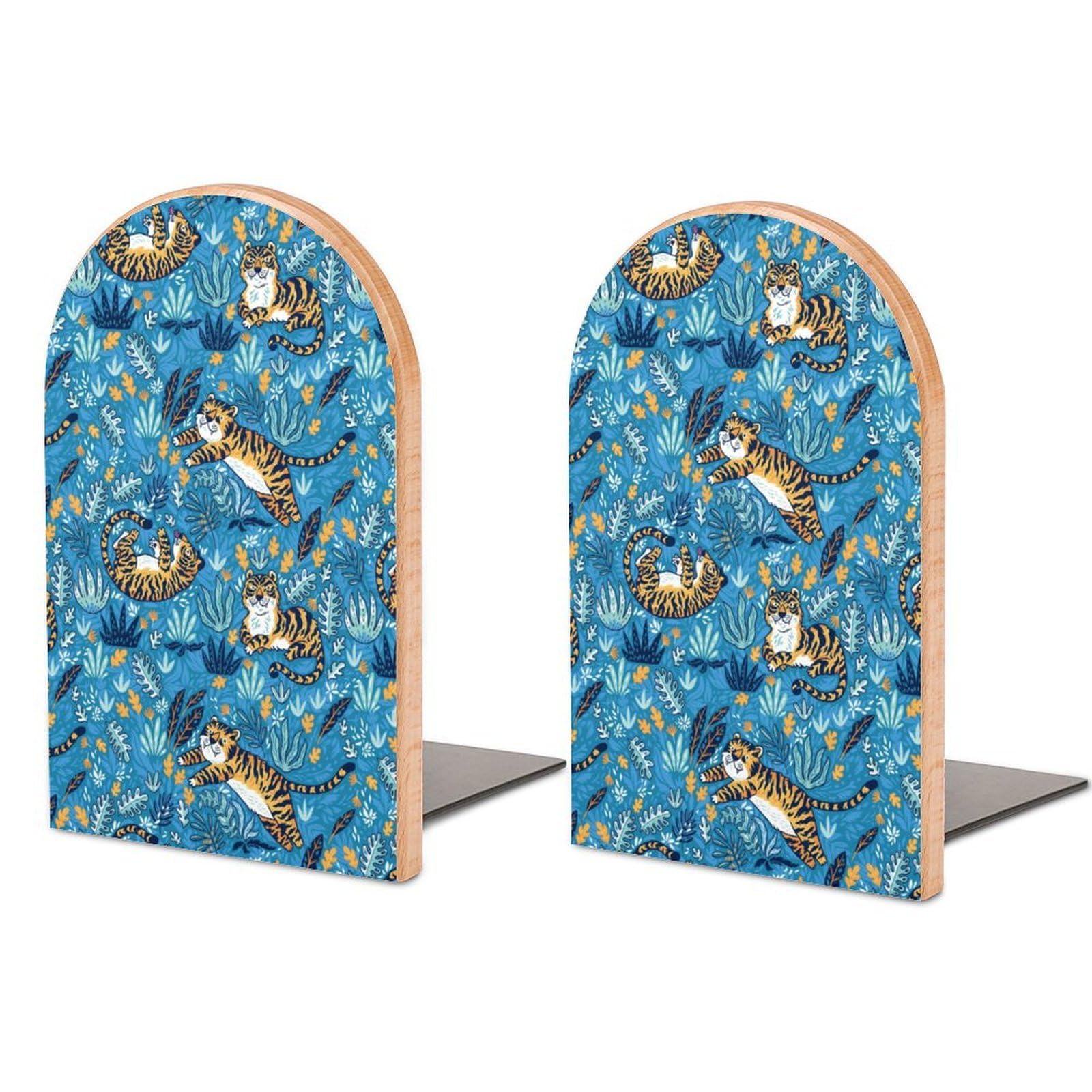 Vector Sea-mless Pattern with Tigers Beech Wood Bookends Heavy Duty Book Organizers Desktop File Holder for Office Home Bookshelf