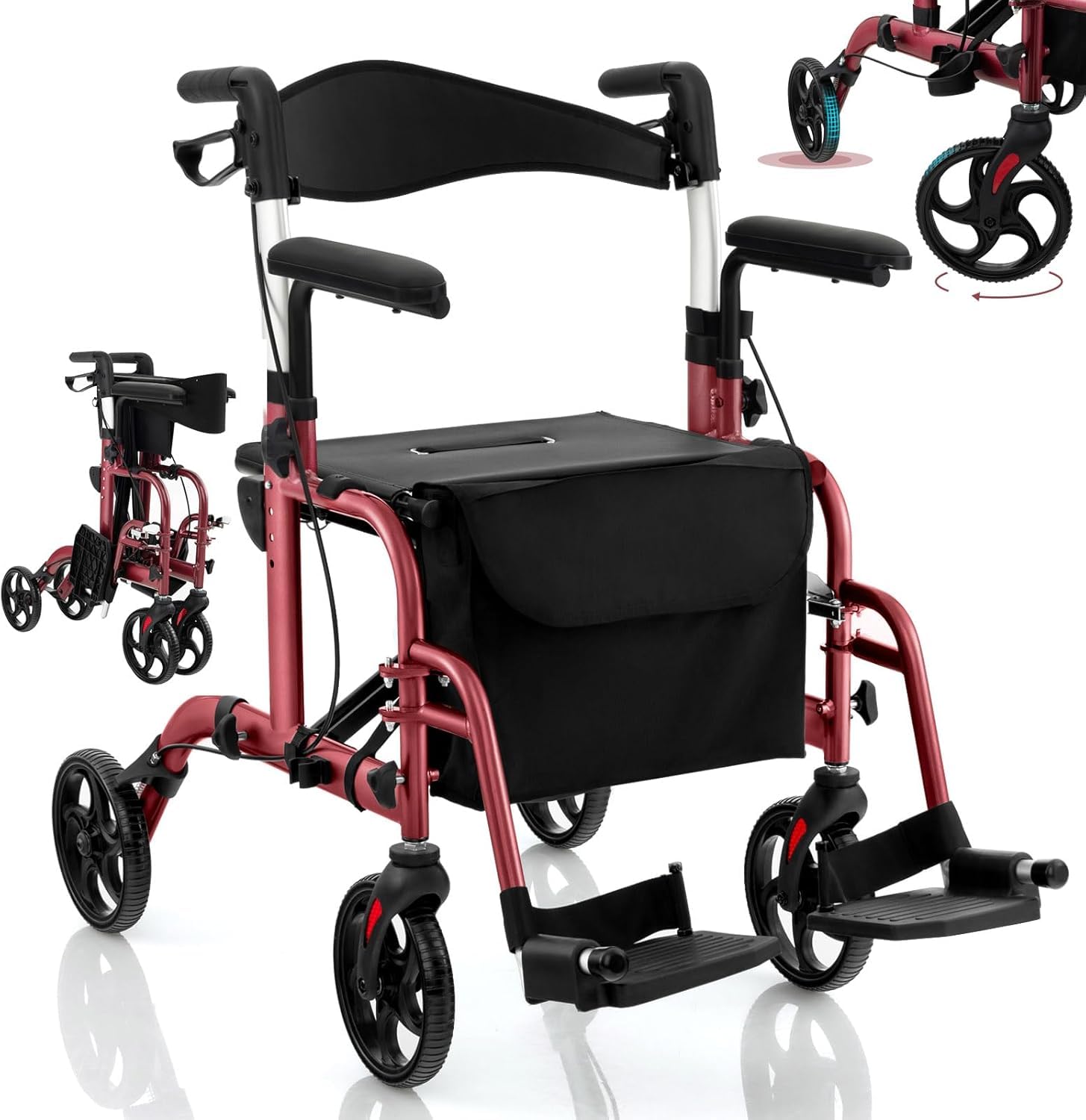 RELAX4LIFE Andador 2 en 1 plegable y ligero con asiento, 6 alturas ajustables para personas mayores, silla de ruedas de aluminio con reposapiés y bolsa, frenos dobles y soporte para bastones, hasta