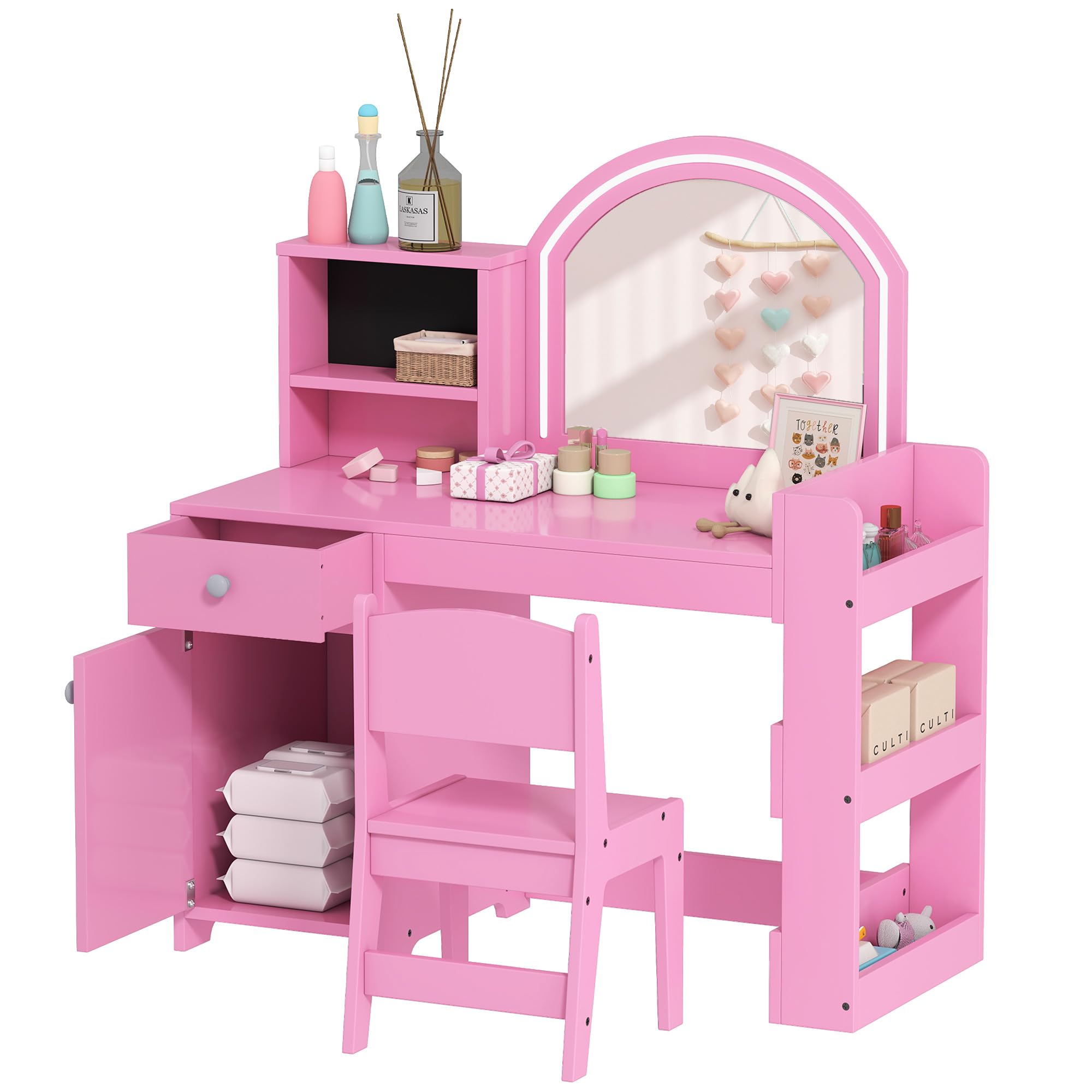 AIYAPLAY Set Toeletta Trucco per Bambini 3-8 Anni 2 in 1 con Specchio Illuminato e Sedia, Postazione Trucco in Legno con Luce LED a 2 Colori, Armadietto, Scaffali e Libreria, Rosa