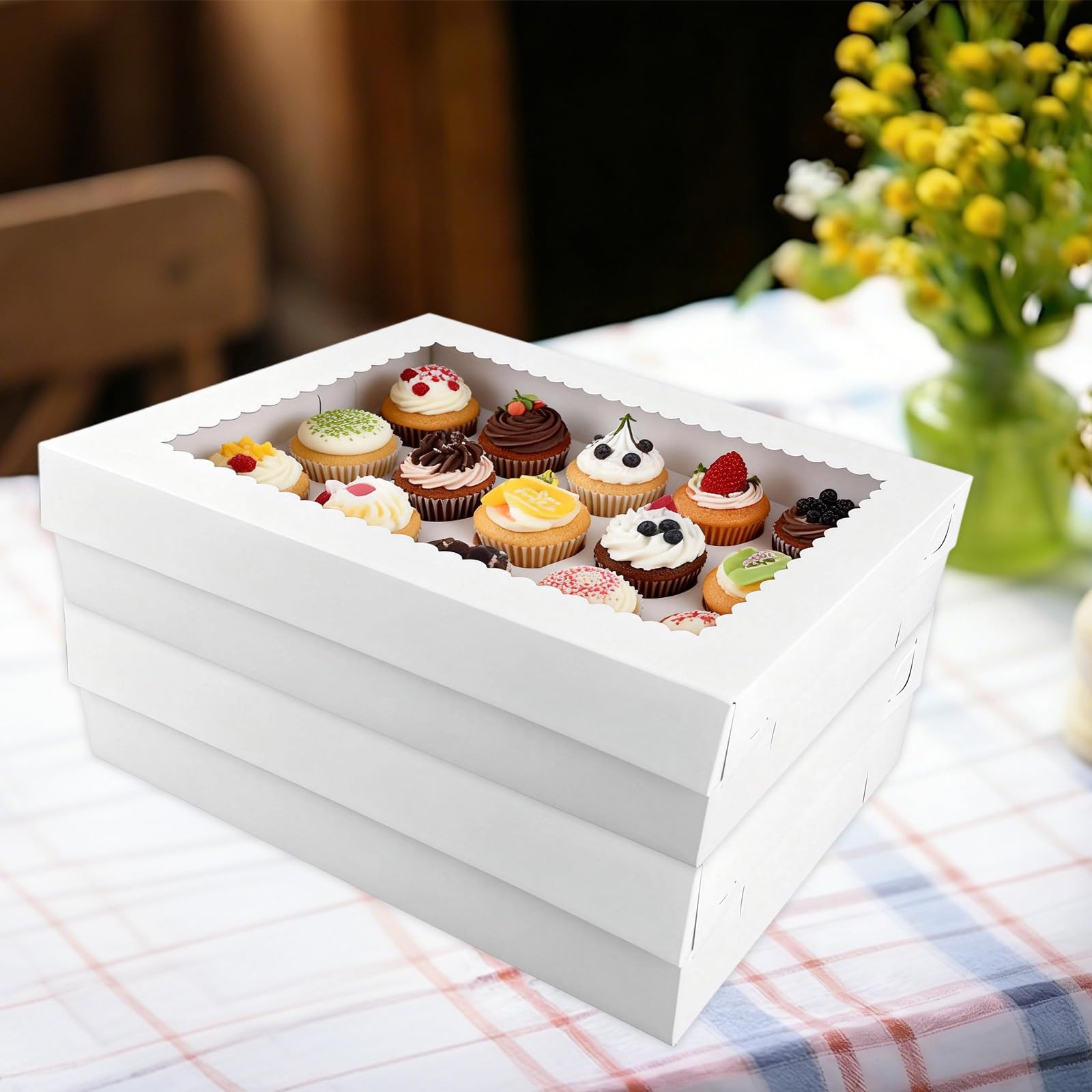 5stk Cupcake-Boxen 24 Stück mit Fenster, Wellpappe Mini-Cupcake-Behälter Höhenverstellbare Einsätze für Bäckerei Desserts Kekse Muffins Partys Geschenkverpackung (39x28x10cm)