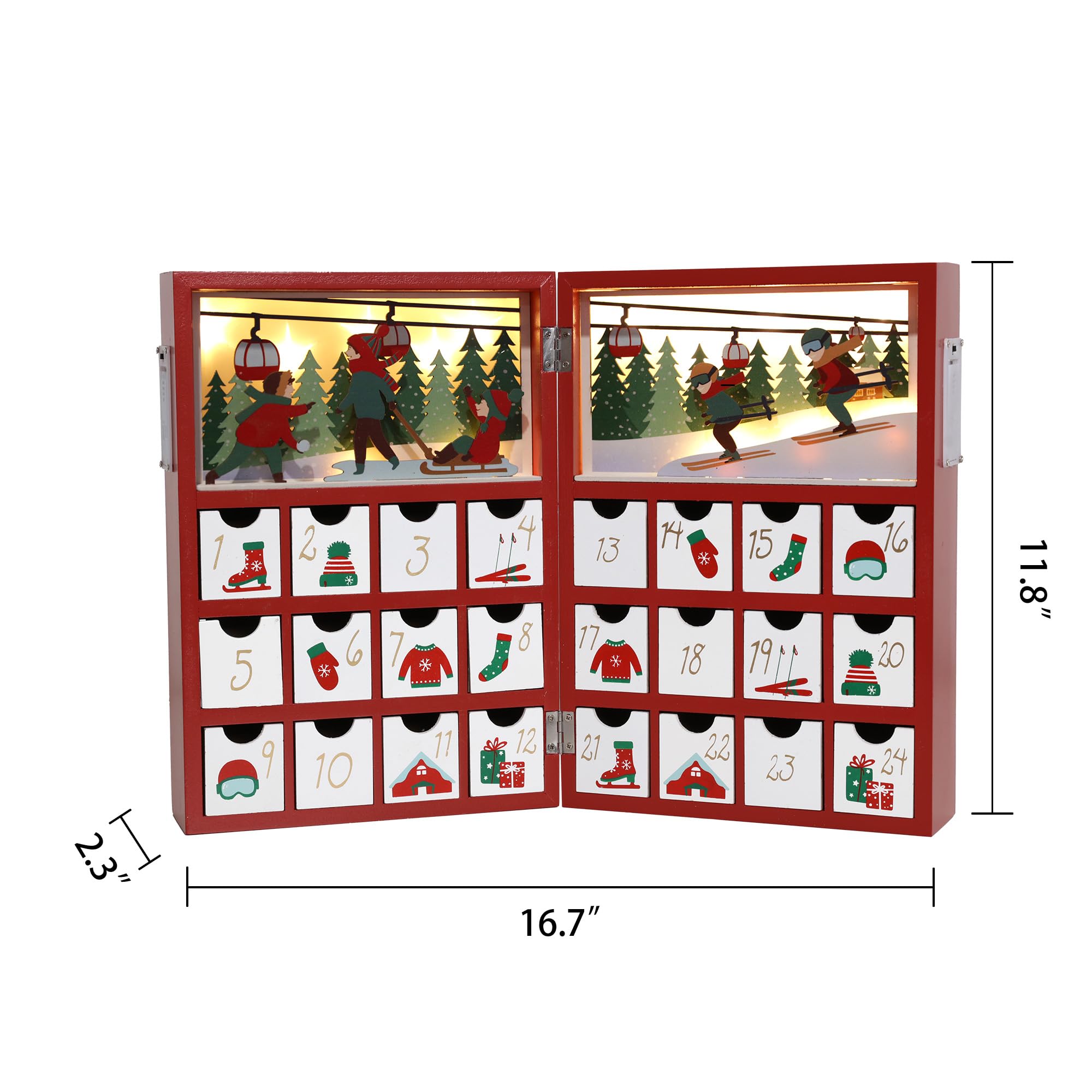 Weihnachts-Adventskalenderbuch aus Holz mit LED-Beleuchtung, rote Farbe, Weihnachts-Szenen, Countdown, Urlaubsgeschenke mit 24 Schubladen, für Erwachsene und Kinder, Heimdekoration