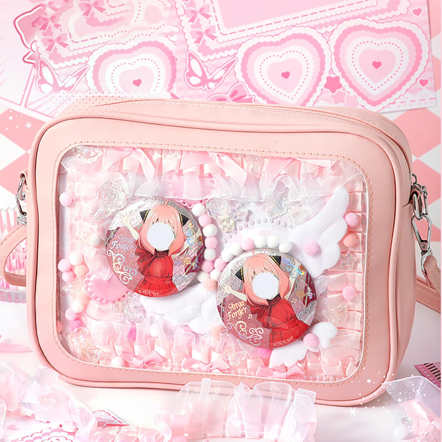 7069 Cute Crossbody Bag Kawaii Ita Bag with Insert and Accessories 4 Pins Large Star Ita Bag Crossbody –pin Display Bag | Clear Window  main image 3