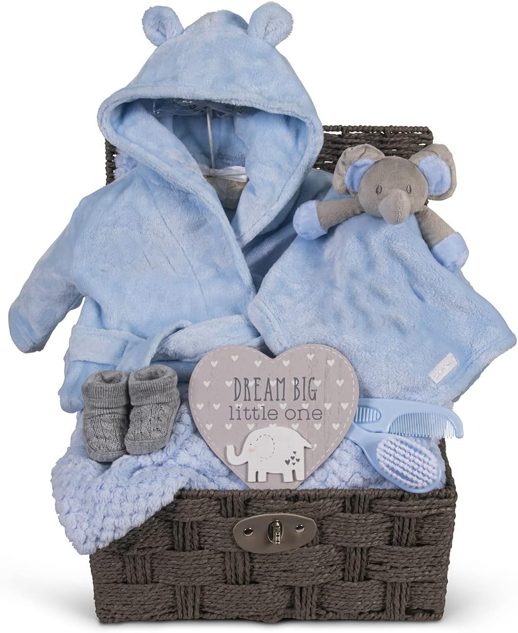 Hoolaroo Baby Gift Basket for Boys Blue Large Gift Hamper Boy Newborn Elephant Comforter Shower Special Unique New Baby Boy Soft Cute