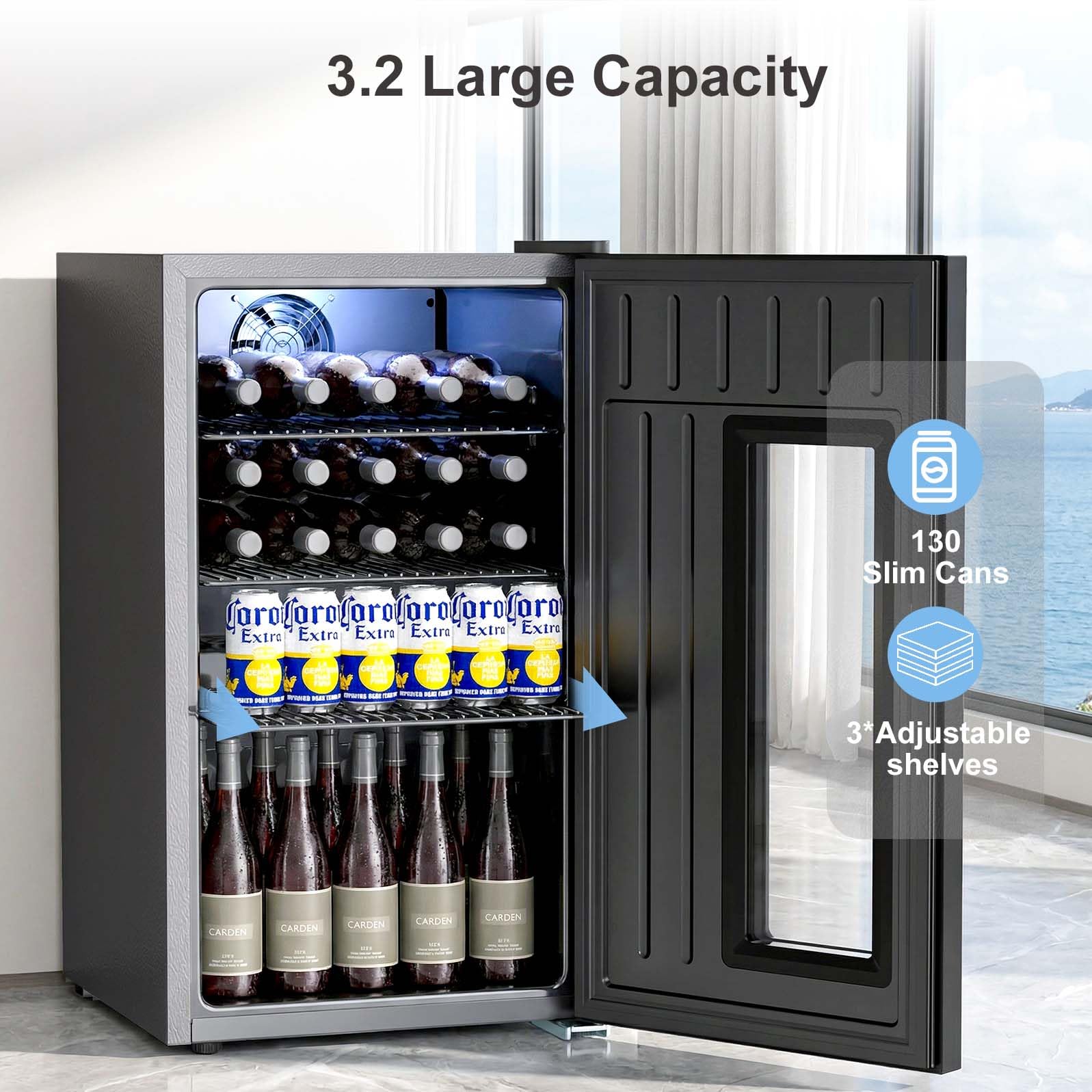Antarctic Star Mini Fridge Auto Defrost Beverage Refrigerator, 130 Can With Glass Door &Adjustable Shelves, 21-50°F Temp Control,Beverage Cooler For Soda, Beer, Wine, Home Bar, Office, 3.2 Cu.Ft on Fridge.com - View 2