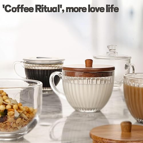 Miniatura 5 de Artena Tazas de café de vidrio de 15 onzas, tazas de café, tazas de té transparentes acanaladas, vasos de café helado, bonitos accesorios de barra