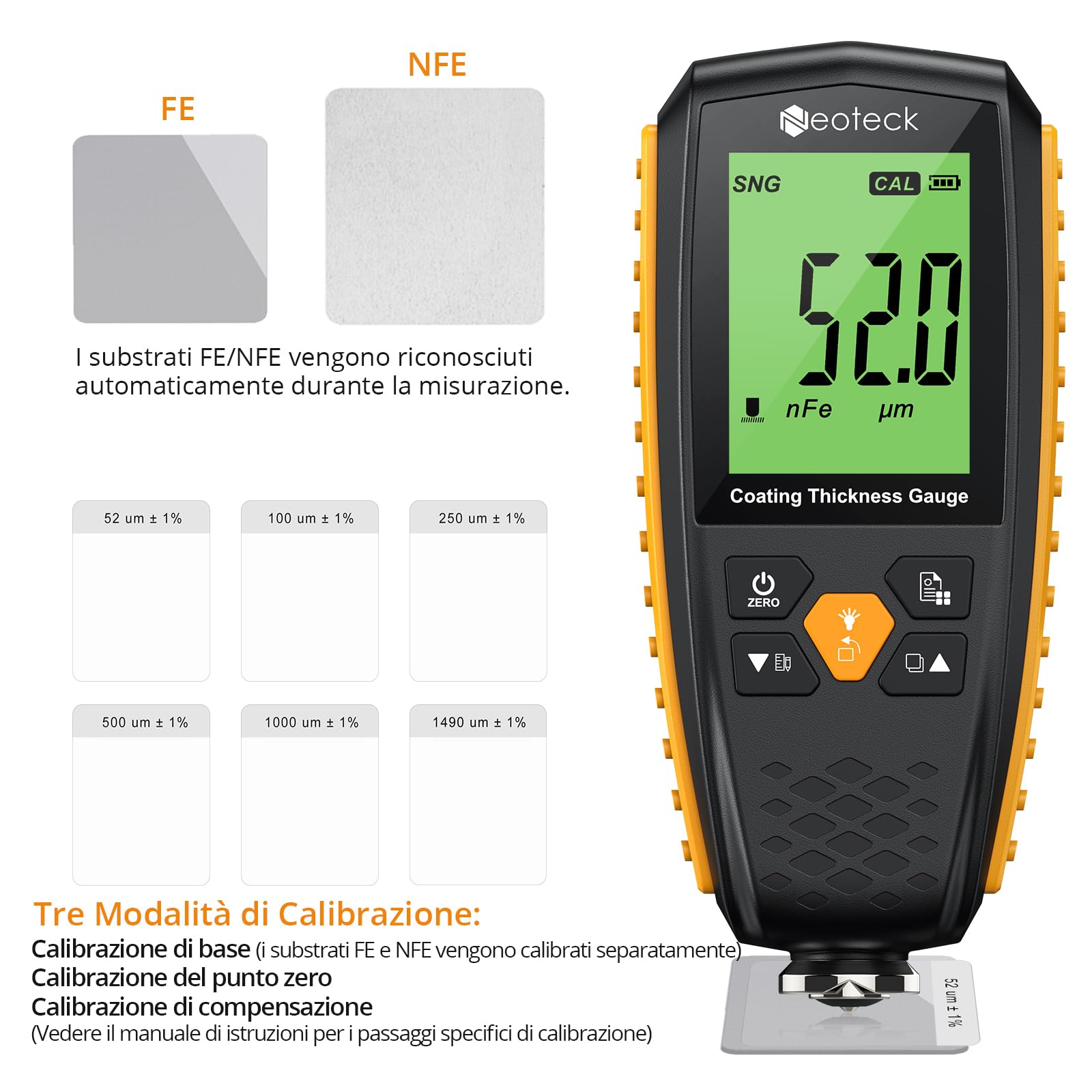Neoteck Misuratore di Spessore Vernice 0-1300um Spessimetro LCD Retroilluminazione Auto Spegnimento Automatico