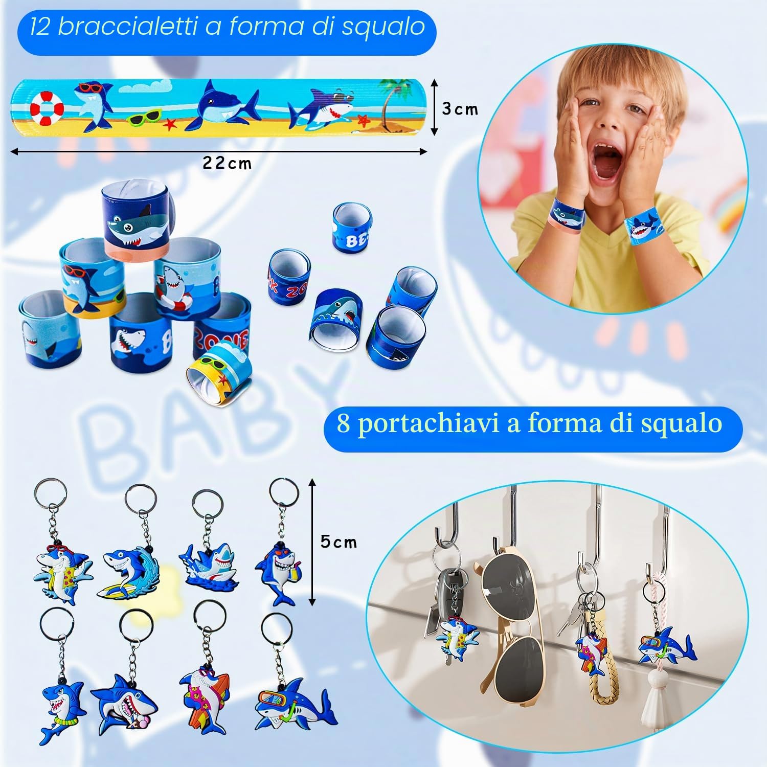 86 pezzi pensierini di squalo di compleanno per bambini, 12 bracciali con squalo, 8 bracciali in silicone, 8 sacchetti, 8 portachiavi, 50 adesivi