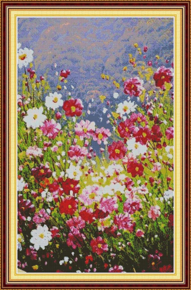 Cross Stitch Embroidery Kits for Adults Kids, WOWDECOR Colorful Daisy Flowers Rural Scenery 11CT Stamped DIY DMC Needlework Easy Beginners