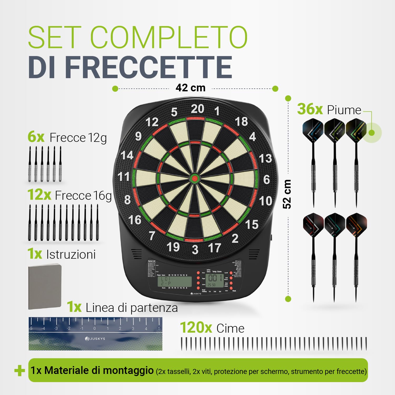 Juskys bersaglio elettronico – LCD con 32 giochi e 359 varianti, USB-C, freccette & accessori, fino a 8 giocatori, alimentazione a rete o a batterie