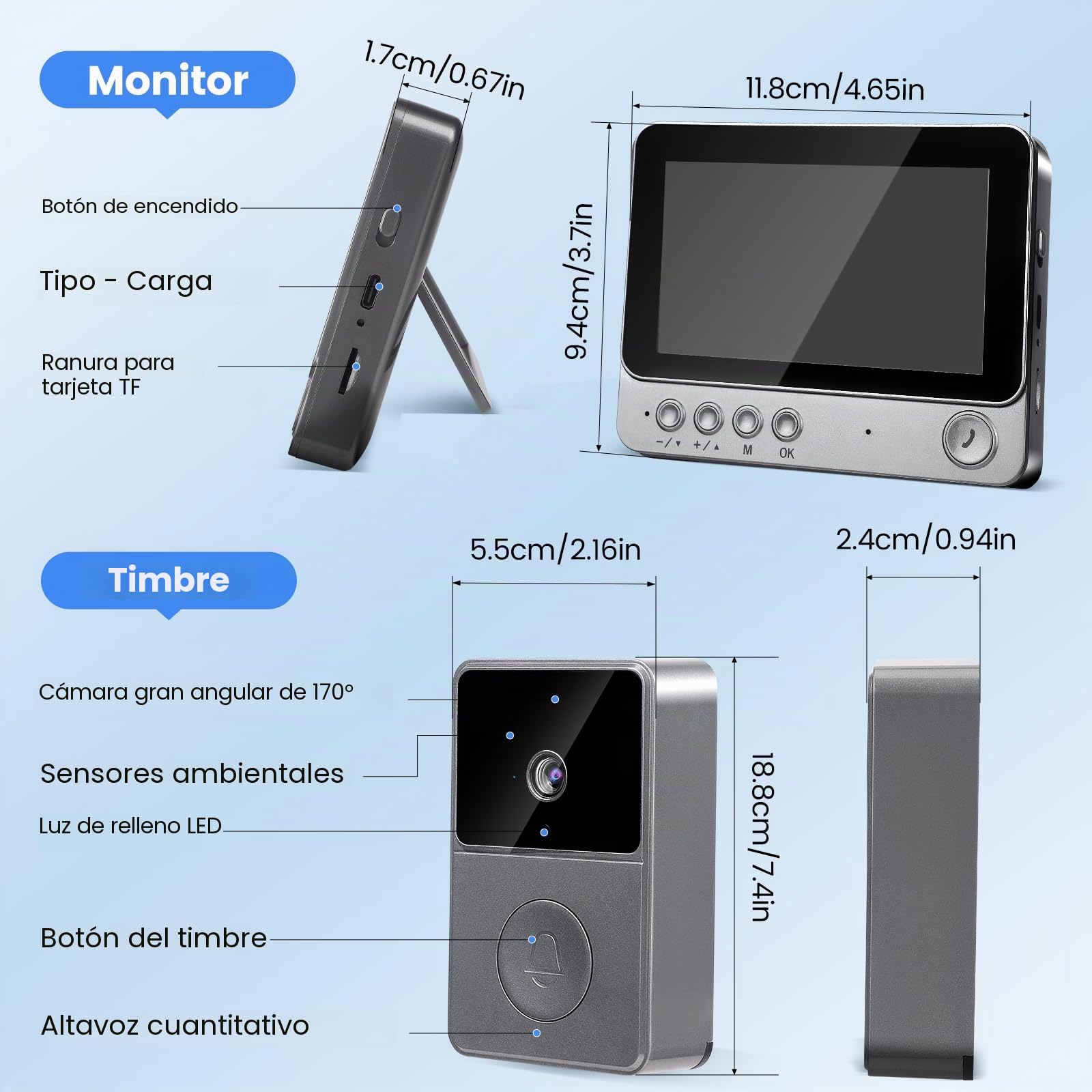 Timbre con cámara y monitor, HD 1080P, IP65 Impermeable, pantalla de 4,3 pulgadas, gran angular de 170°, timbre inalámbrico con cámara, interfono, visión nocturna por infrarrojos, audio