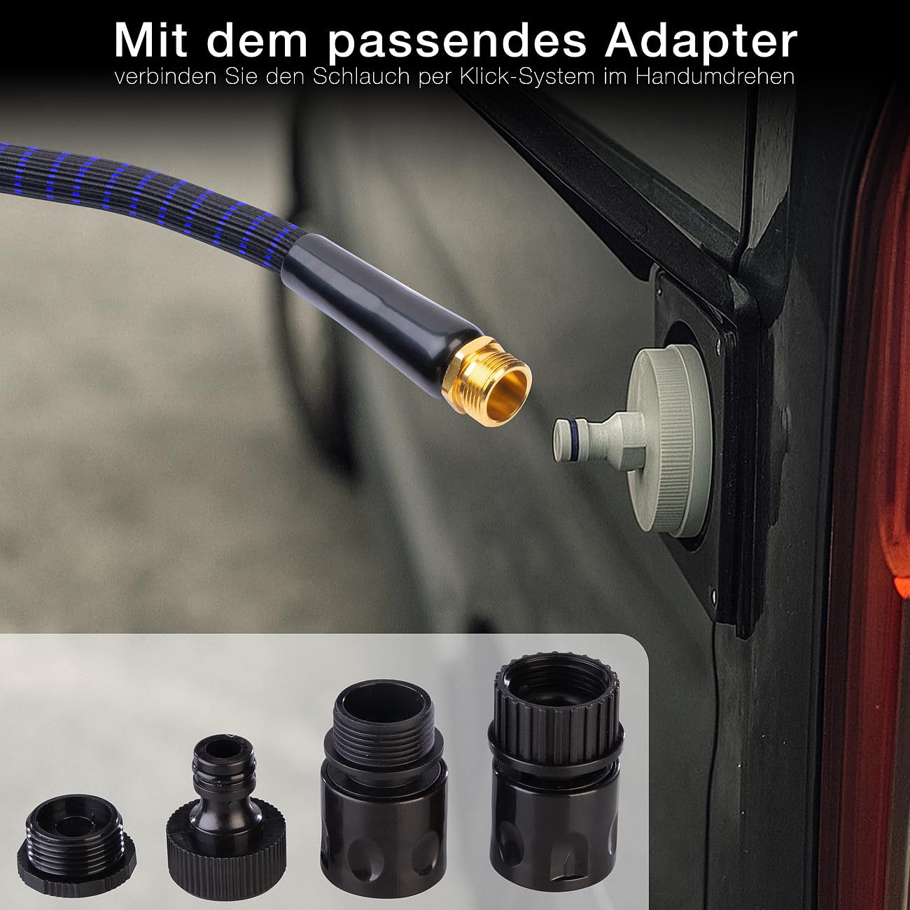 Semptec Urban Survival Technology Camping-Ausrüstung: Dehnbarer Druckwasserschlauch mit Klickverbinder, 5 bis 10 m (Wasserschlauch für Wohnmobile, Wasserschlauch für Wasseranschluss)