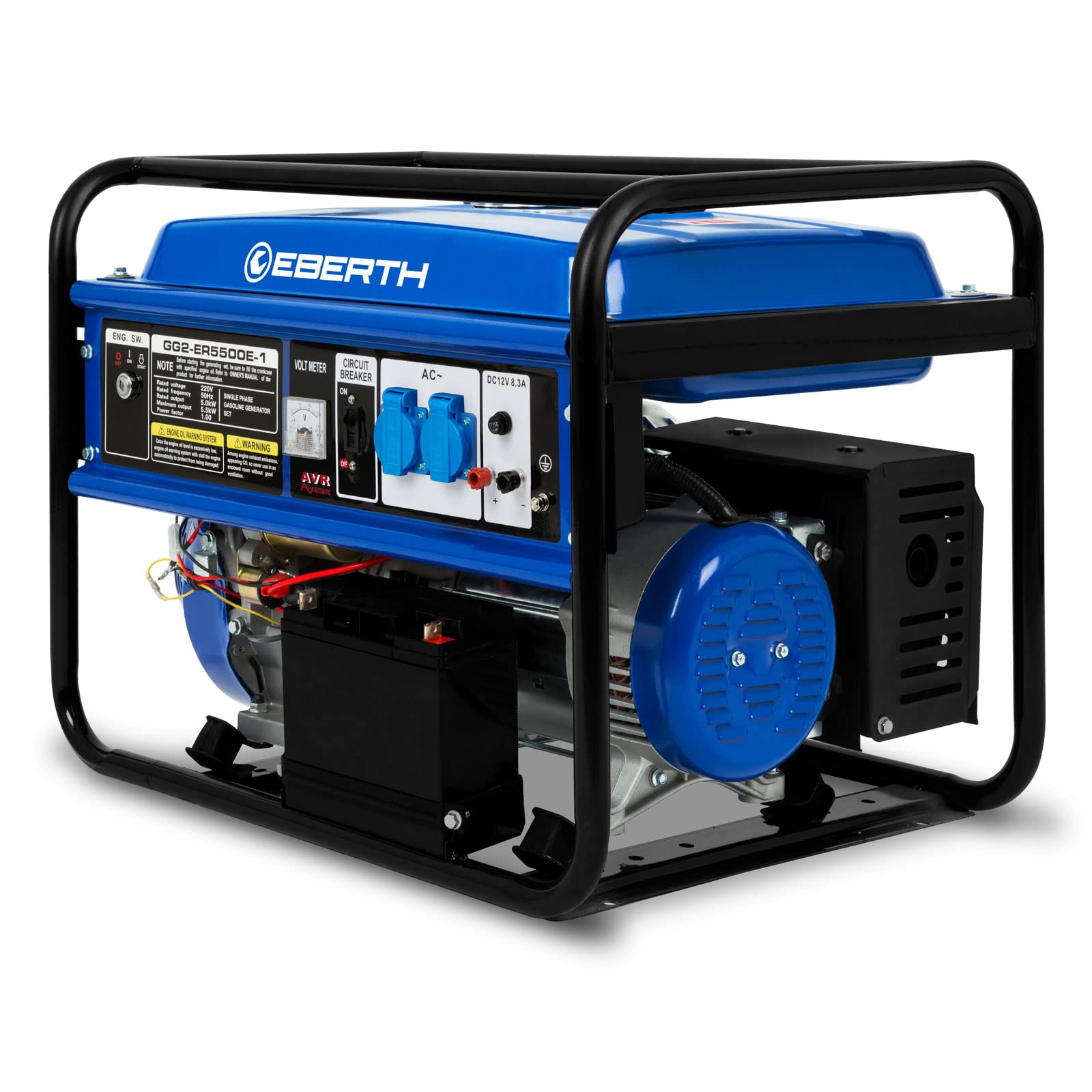 EBERTH 5500 Watt Groupe electrogene Generateur electrique portable moteur à essence 13 CV, 4 temps, 2x 230V, 1x 12V, monophasé, démarrage électrique, régulateur AVR, sécurité niveau d'huile