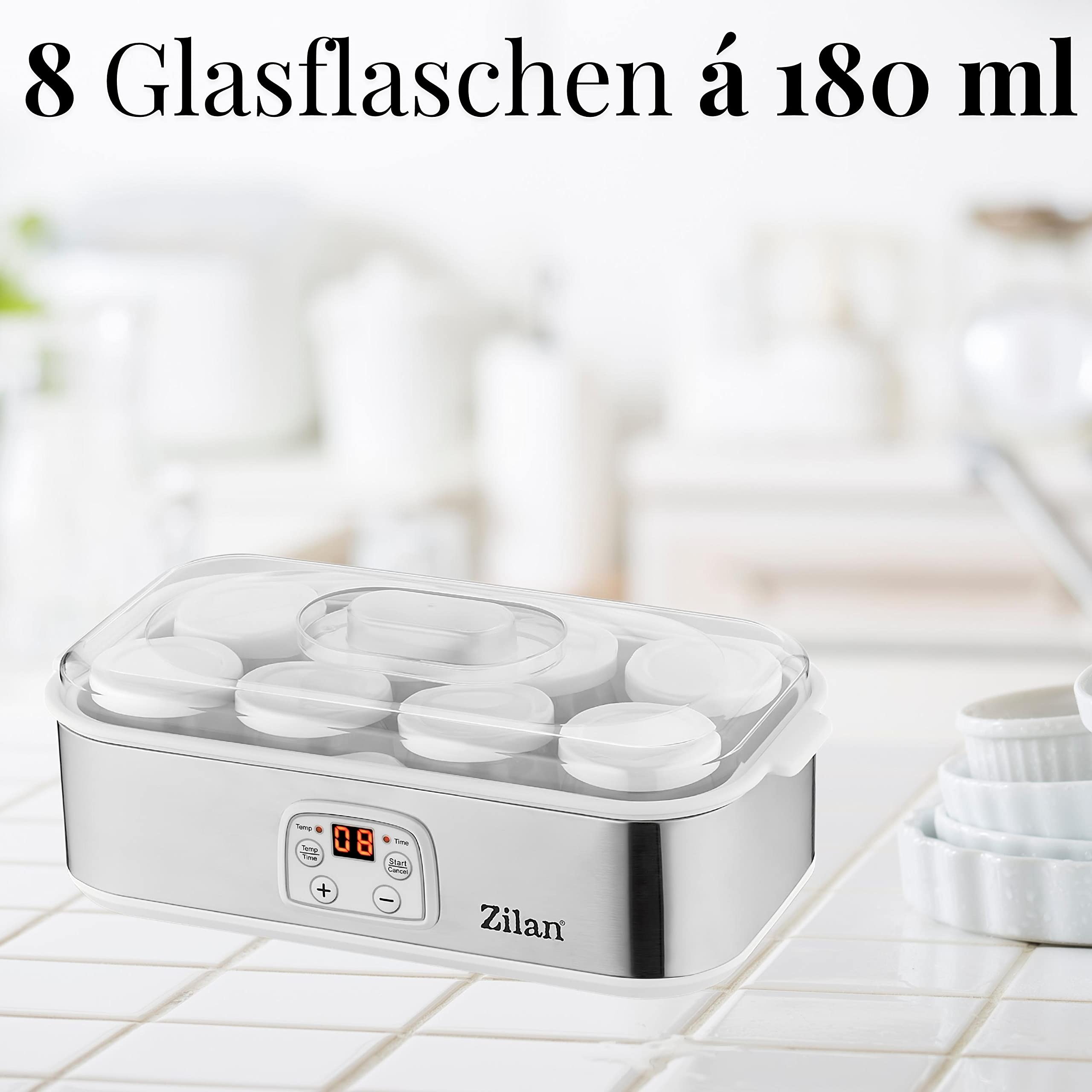 Zilan Joghurt Maker Joghurtmaschine 1,44 Liter 8 Glasflaschen á 180 ml Digitales Display Temperatureinstellung von 20-55°C Joghurtbereiter Joghurtaufbereiter, Weiß
