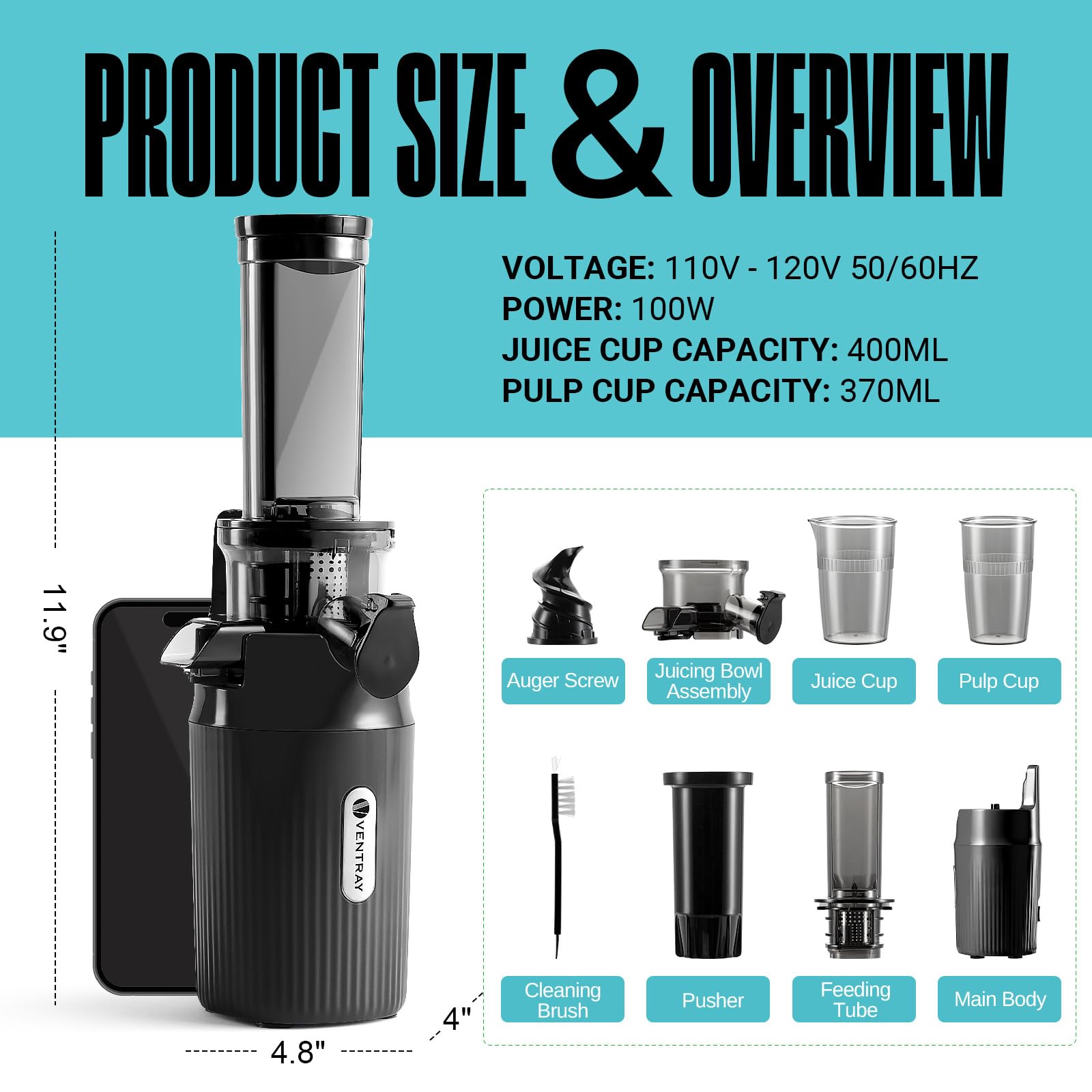 Ventray Ginnie Extracteur de Jus - Slow Juicer Pression Douce 60 Tours, Presse à froid, Sans BPA, Noir