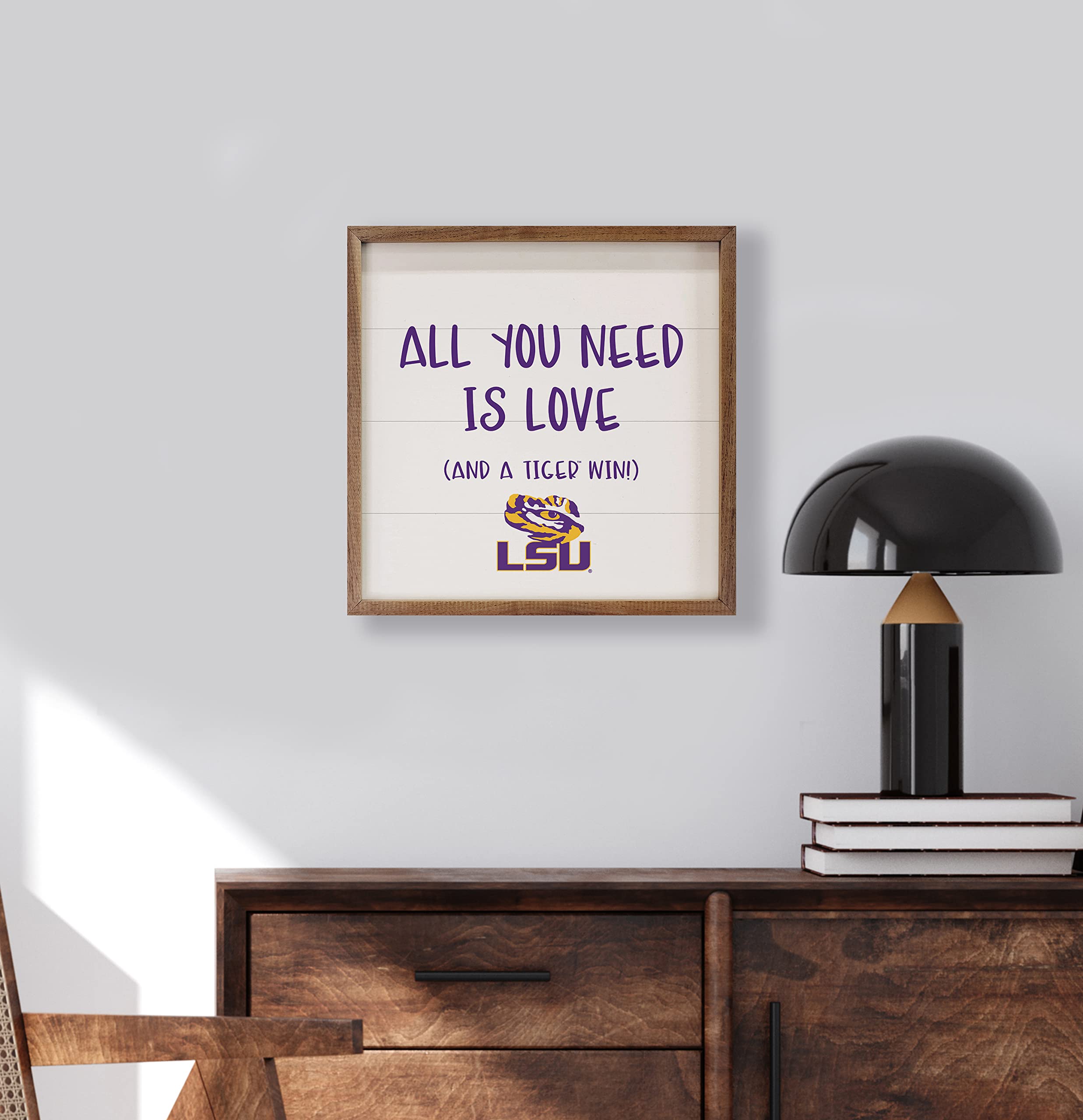 Kendrick Home + Stadium All You Need Is Love And A Win Collegiate Framed Square Wood Sign With State And Team Logo (16x16, All You Need Is Love LSU)