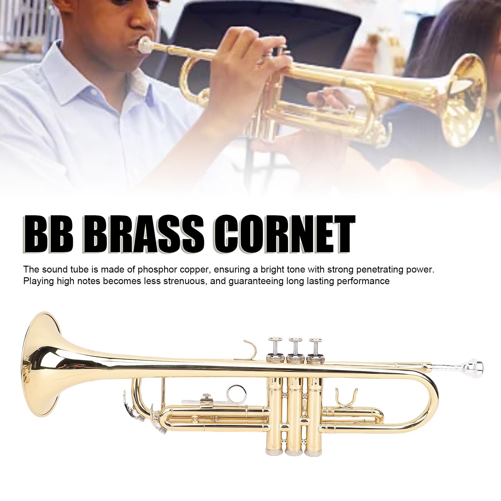 BB Brass Cornet Kit pour Débutants et étudiants, Instrument de Musique en Laiton Professionnel avec étui de Transport (Golden)