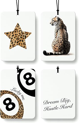 Miniatura 13 de Ambientador de coche con estampado retro de guepardo, 4 piezas, estampado de leopardo, 8 bolas de la suerte, ambientador colgante para el hogar,