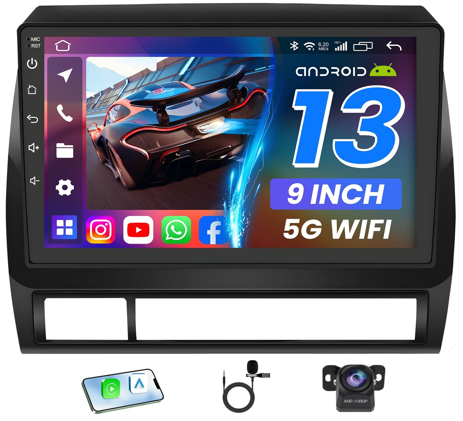 Main interface of the car stereo showing various application icons and widgets.