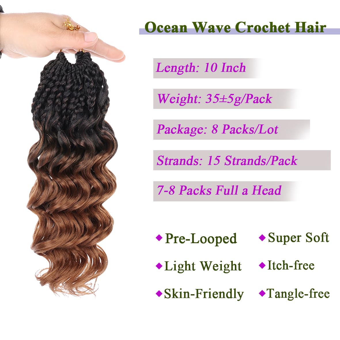 Kachanaa 10 Inch Pre Looped Ocean Wave Crochet Hair 8 Pack Curly Boho Ocean Braids Black to Brown Pre Twisted Synthetic Deep Wavy Twist Hair 1B/30# - Image 3