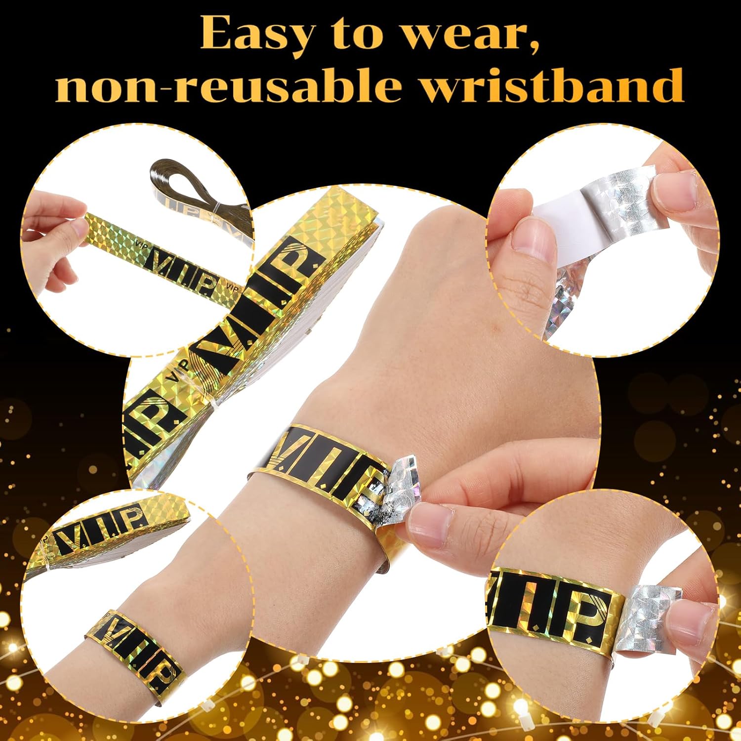 200 PCS Wristbands for Events, Party Wrist Bands for Events Custom, 0.79 X 10 Inch Waterproof VIP Wristbands, VIP Bracelets Paper Wrist Bands for Club Amusement Party Concert (Gold) - Image 3