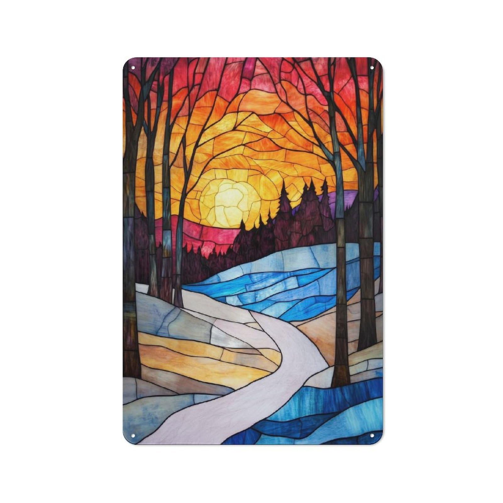 Junmoney Stained Glass Sunset Landscape 30X20cm Rustic Metal Sign With For Hobby Room Or Studio, Metal Sign Decor For Hobby Rooms And Studios