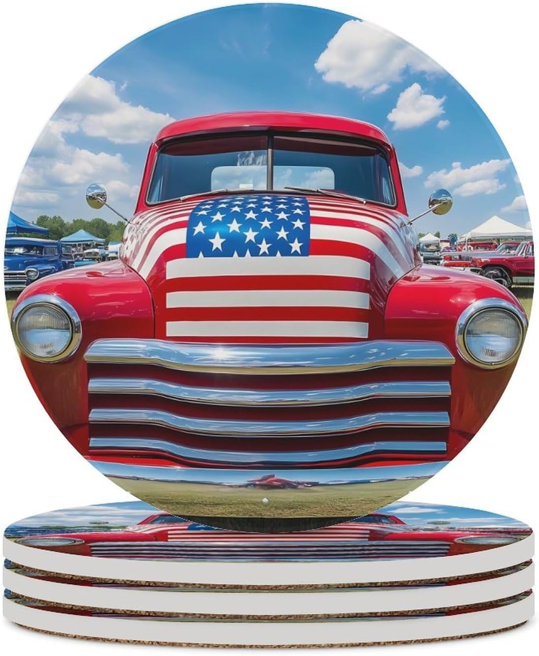 Old Truck in U.S. Flag Funny Round Ceramic Coasters for Drink Absorbent Cup Holders Tabletop Protection