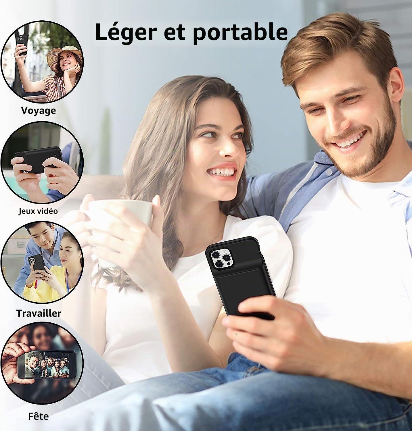 Coque batterie pour iPhone 12/12 Pro - 7000 mAh - Portable et rechargeable (6,1", noir)